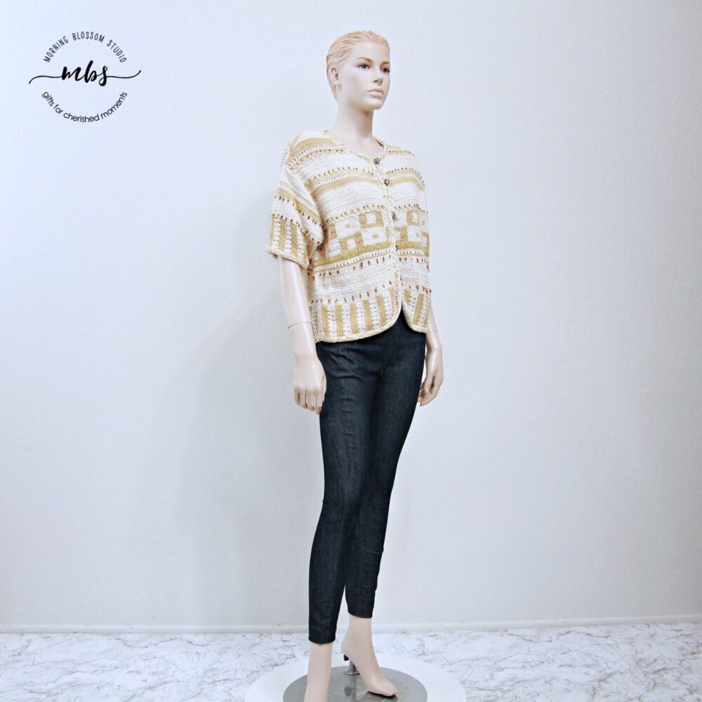 Sandy Starkman Textured Short Sleeve Button Down Knit Cardigan Tan Cream Women L